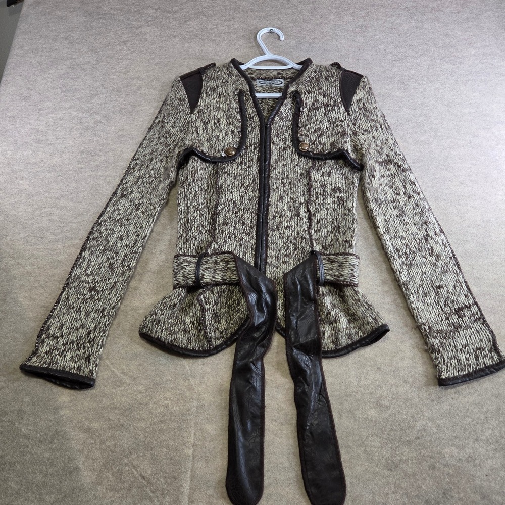 Aladin by Rubin Brown Knit Belted Jacket Leather Trim Rhinestone Embellished M